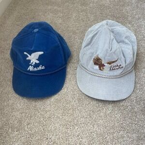 lot of 2 Alaska Corduroy Baseball Cap Eagle Embroidery Blue & Gray Set One Size